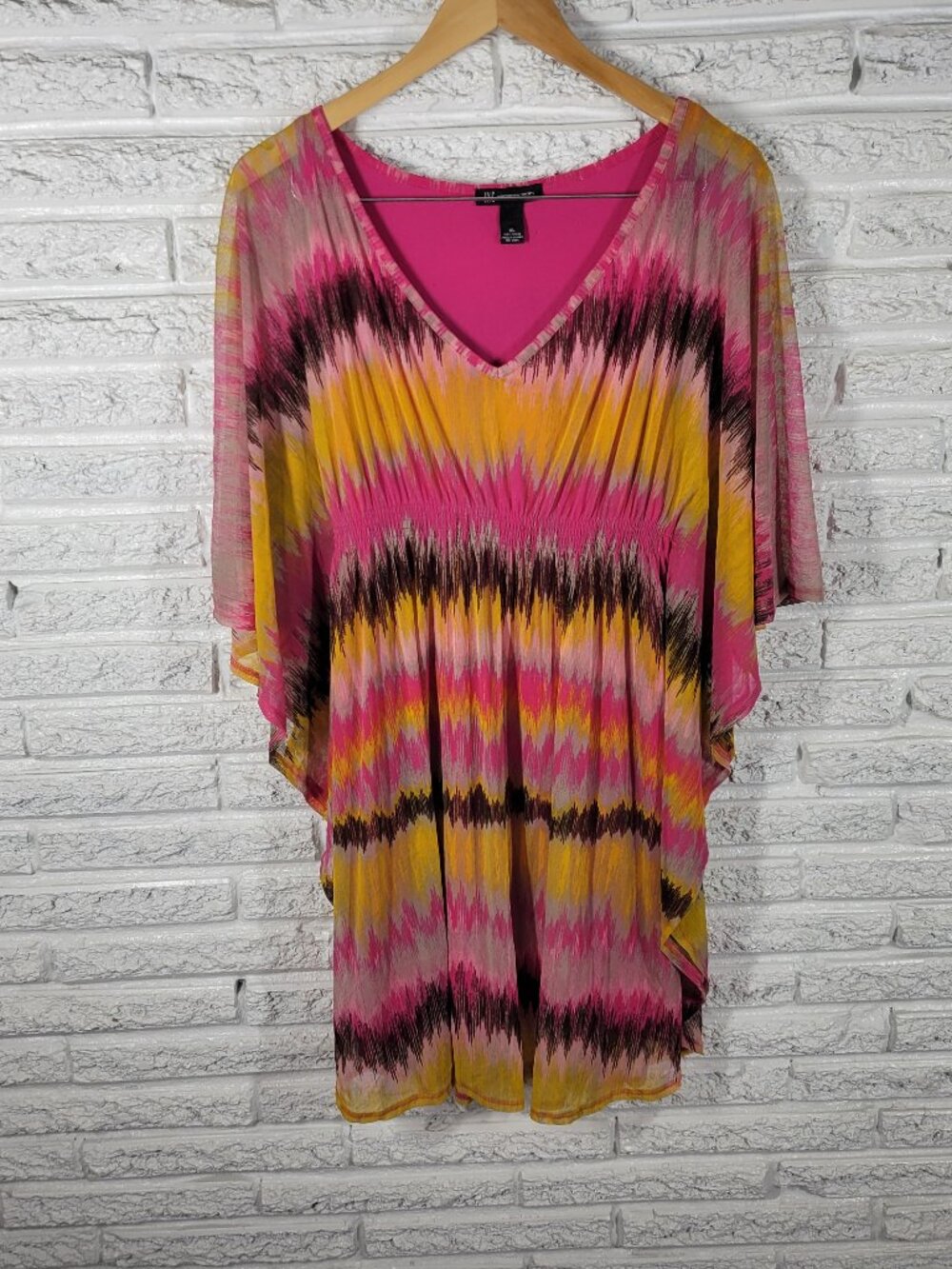 INC International Concepts Women XL Mini Dress Pink Yellow Batwing GEO43E